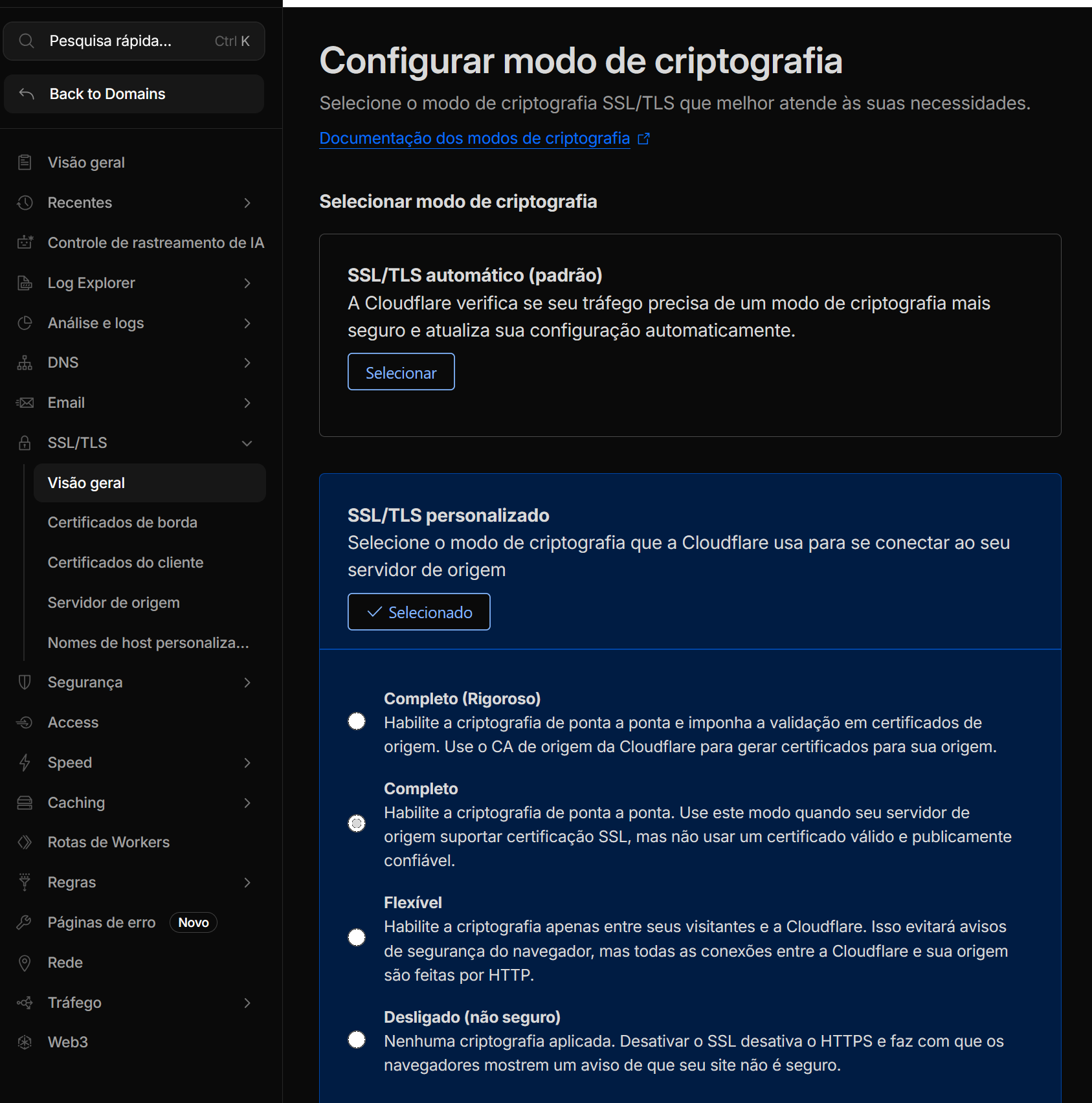 Configuração para o SSL/TLS